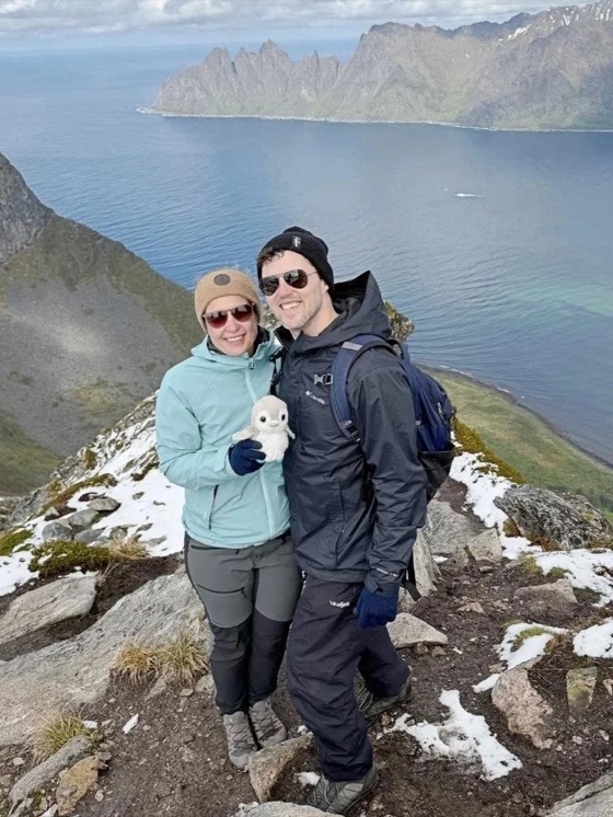 Elinor and Jake of Penguin Trampoline hiking in Norway, with Mac the penguin